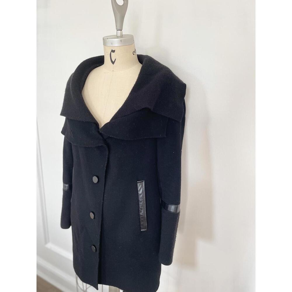 Mackage - Black Women's Wool Blend Button-Up Coat with Leather Trim, Size PL